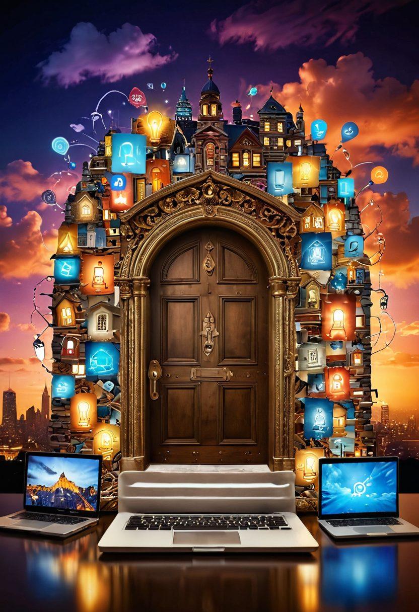 A visually captivating collage symbolizing the essence of blogging, featuring a key unlocking an ornate door filled with glowing icons like a laptop, pen, and lightbulb. The background should be a vibrant cityscape representing the digital world, with stylized clouds of creativity and engagement floating around. Infuse the image with a sense of discovery and success, capturing diverse bloggers at work in their lively environments. super-realistic. vibrant colors. 3D.