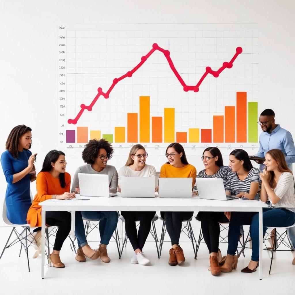 An engaging scene with a diverse group of enthusiastic bloggers huddled around laptops, sharing ideas and strategies to boost their traffic. A backdrop of graph charts showing upward trends to represent engagement growth. Include vibrant, eye-catching visuals of social media icons and fresh content being posted. A bright, inviting atmosphere that exudes creativity and collaboration. super-realistic. vibrant colors. white background.