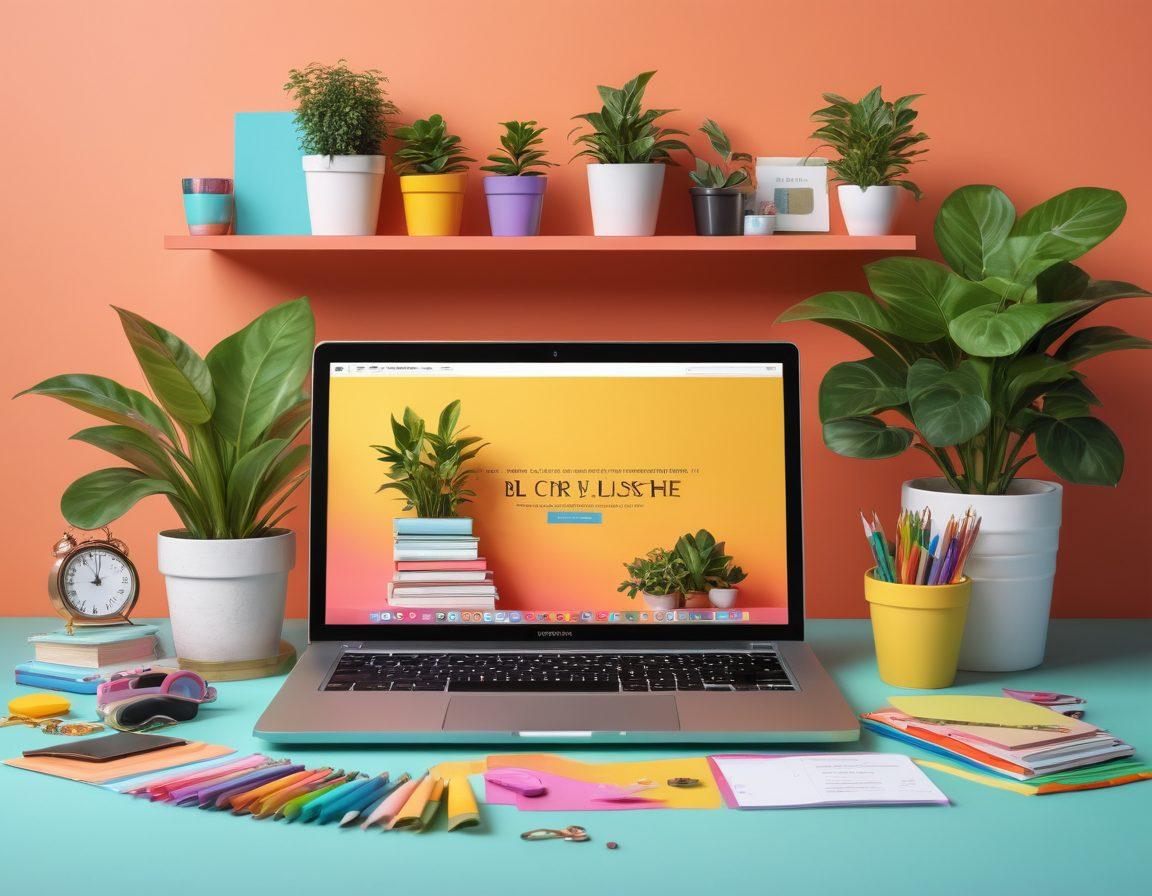 A captivating workspace featuring a laptop displaying a vibrant blog interface, surrounded by colorful stationery, plants, and personal mementos reflecting a journey from passion to profit. Include elements symbolizing growth, like a small upward-trending graph or money plant. The atmosphere should feel warm and inviting, representing creativity and professionalism. super-realistic. vibrant colors. 3D.